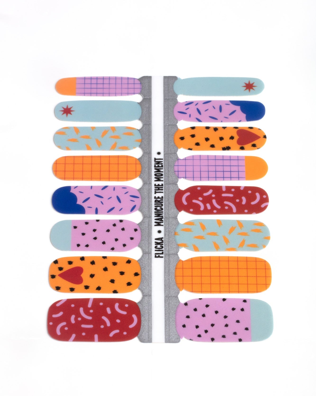 Colorful nail wraps featuring abstract patterns in red, yellow, pink, and blue.