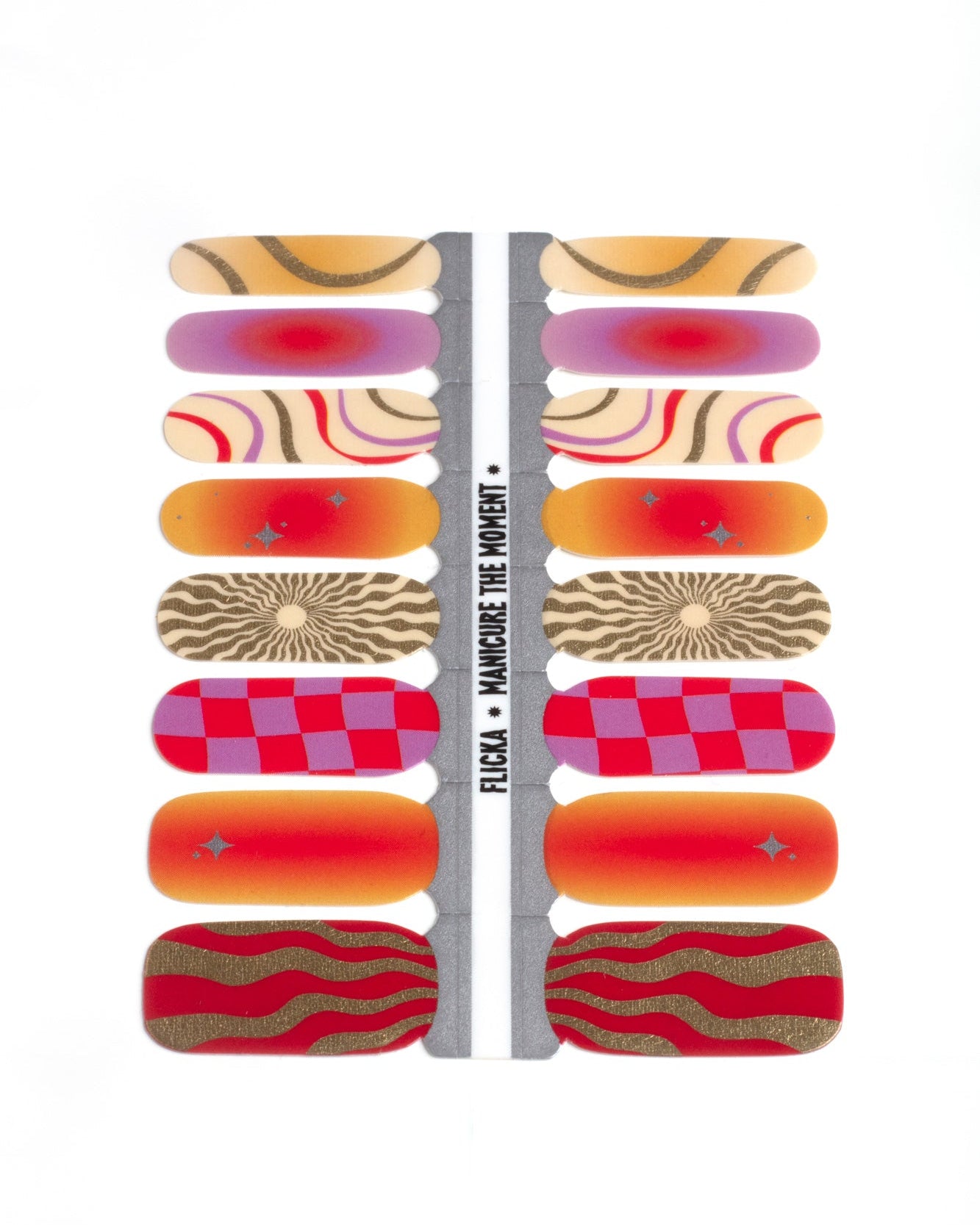 Set of colorful nail wraps with golden accents